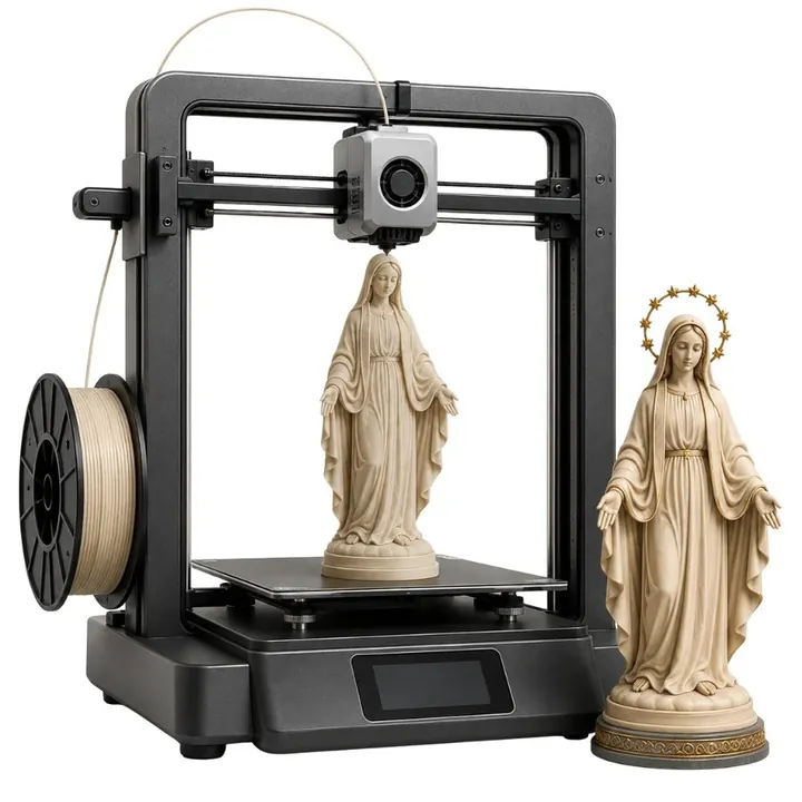 Stampante 3D che stampa un'immagine religiosa accanto a pezzi finiti